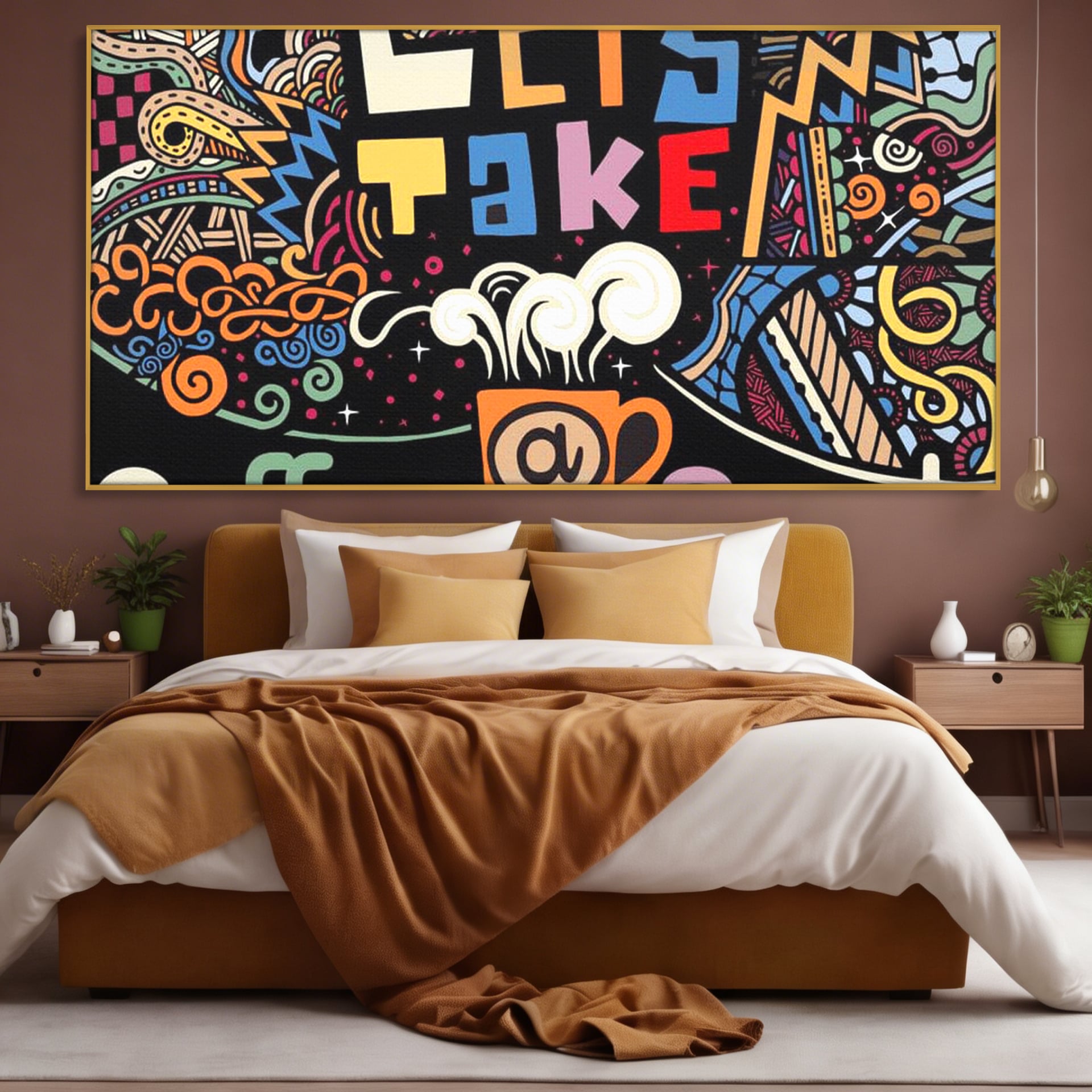 Tablou canvas cu tablou canvas cu ilustratie cafea si doodle, in rama de aluminiu auriu, pe perete intr-un dormitor